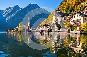 Sunrise in Hallstatt mountain village with Hallstatter See in fall, Austria