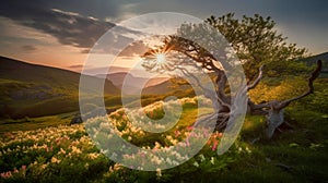 Sunrise in the highlands. Old tree, spring grass in the foreground. Landscape with the sun. Morning in the mountains