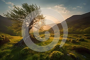 Sunrise in the highlands. Old tree, spring grass in the foreground. Landscape with the sun. Morning in the mountains