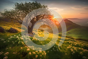 Sunrise in the highlands. Old tree, spring grass in the foreground. Landscape with the sun. Morning in the mountains