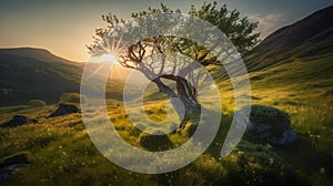 Sunrise in the highlands. Old tree, spring grass in the foreground. Landscape with the sun. Morning in the mountains