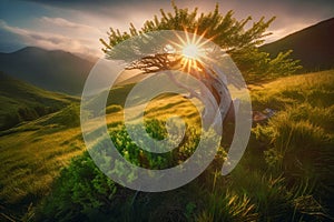 Sunrise in the highlands. Old tree, spring grass in the foreground. Landscape with the sun. Morning in the mountains