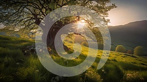 Sunrise in the highlands. Old tree, spring grass in the foreground. Landscape with the sun. Morning in the mountains