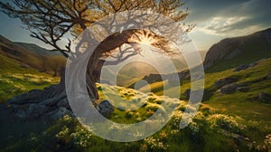 Sunrise in the highlands. Old tree, spring grass in the foreground. Landscape with the sun. Morning in the mountains