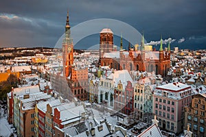 Sunrise in the historic center of Gdansk in winter, Poland