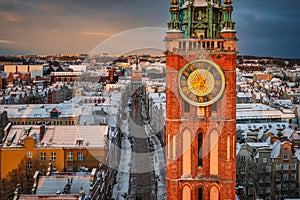 Sunrise in the historic center of Gdansk in winter, Poland