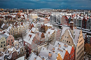 Sunrise in the historic center of Gdansk in winter, Poland