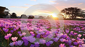 Sunrise Illuminates Blooming Freesia Fields In Yukimasa Ida Style photo