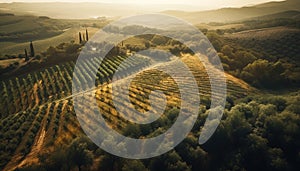 Sunrise illuminates rural Italian vineyard in autumn generated by AI