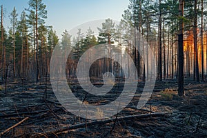 Sunrise Illuminating a Burnt Forest Landscape Highlighting Environmental Concerns and Regrowth