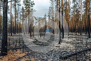 Sunrise Illuminating a Burnt Forest Landscape Highlighting Environmental Concerns and Regrowth