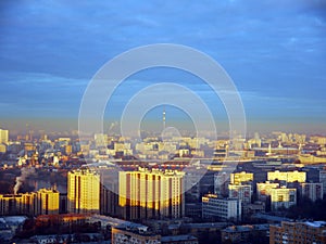 Sunrise in industrial town landscape top view