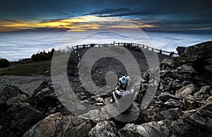 Sunrise and Inversion at Jested mountain close town Liberec, Czech republic, snow and winter and view of funicular, photographers