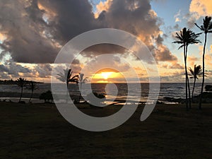 Sunrise in July near Hikinaakala Heiau in Wailua on Kauai Island, Hawaii