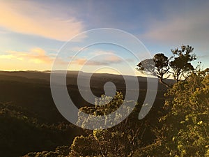 Sunrise at Kalalau Valley Lookout in Waimea Canyon on Kauai Island, Hawaii.