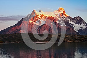 sunrise at Lago Pehoe, Torres del Paine national park, patagonia photo