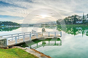 Sunrise on the lake side in the Central Highland of Vietnam