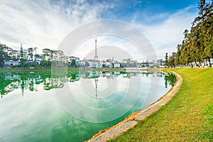 Sunrise on the lake side in the Central Highland of Vietnam