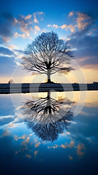 Sunrise on the lake, a solitary leafless tree reflected perfectly in a water body, with a beautiful blue and cloudy sky at sunset