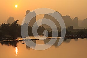 Sunrise Landscape of Guilin Karst mountains. Yangshuo, Guilin, Guangxi, China.