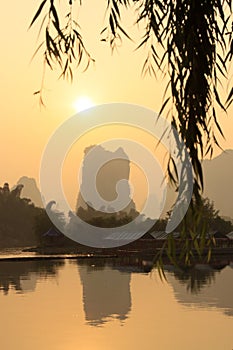 Sunrise Landscape of Guilin Karst mountains. Yangshuo, Guilin, Guangxi, China.