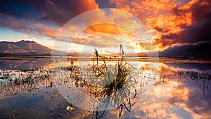 Sunrise Landscape at Lake Batur in Bali Indonesia.