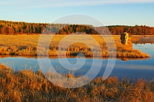 Sunrise landscape of lake in grassland