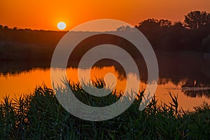 Sunrise landscape with steppe and river