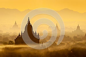 Sunrise landscape view with silhouettes of old temples, Bagan, Myanmar Burma