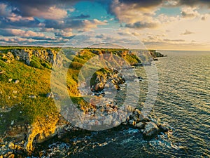 Sunrise landscape at Yailata cliff, National Archaeological Reserve in Black Sea coast in Bulgaria