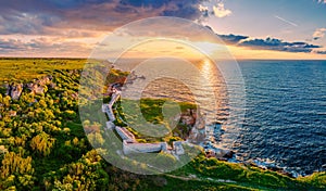 Sunrise landscape at Yailata cliff, National Archaeological Reserve in Black Sea coast in Bulgaria