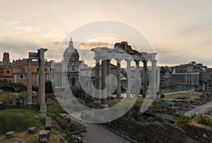 Sunrise landscapes of the empty Roman Forum, view of the Temple of Vespasian and Titus