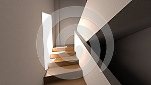 Sunrise light casts sharp shadows on a simple staircase in a contemporary building. 3d render