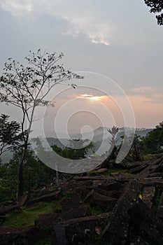 Sunrise at the megalithic site in West Java, Indonesia. It has t