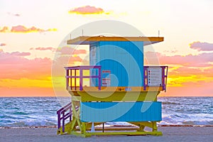 Sunrise in Miami Beach Florida, with a colorful lifeguard hous
