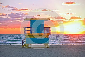 Sunrise in Miami Beach Florida, with a colorful lifeguard hous