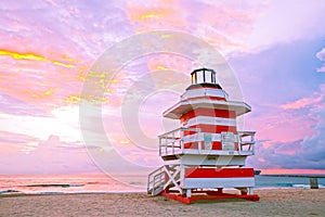 Sunrise in Miami Beach Florida, with a colorful lifeguard hous