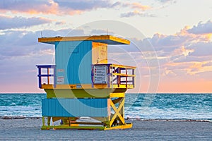 Sunrise in Miami Beach Florida, with a colorful lifeguard hous