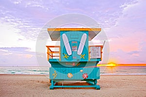 Sunrise in Miami Beach Florida, with a colorful lifeguard hous