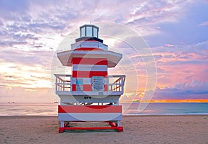 Sunrise in Miami Beach Florida, with a colorful lifeguard hous