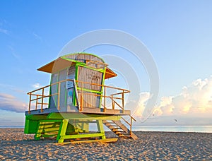 Sunrise in Miami Beach Florida, with a colorful lifeguard hous