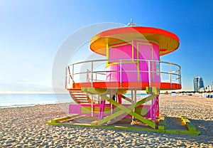 Sunrise in Miami Beach Florida, with a colorful pink lifeguard house