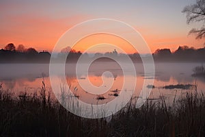 sunrise, with mist hovering over still lake, and orange and pink hues on the horizon