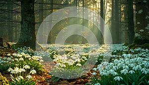 Sunrise Through Misty Forest with Carpet of Snowdrops. Spring flowers