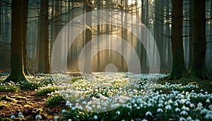 Sunrise Through Misty Forest with Carpet of Snowdrops. Spring flowers