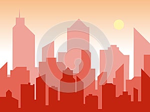 Sunrise and modern silhouette city in flat art style. Comics book design background. Vector illustration retro style