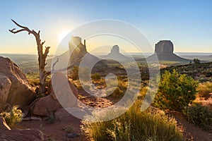 Sunrise at Monument Valley, Panorama of the Mitten Buttes - seen from the visitor center at the Navajo Tribal Park - Arizona and