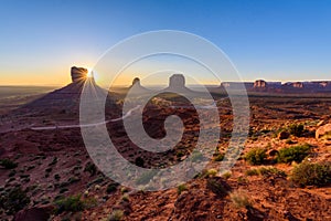 Sunrise at Monument Valley, Panorama of the Mitten Buttes - seen from the visitor center at the Navajo Tribal Park - Arizona and