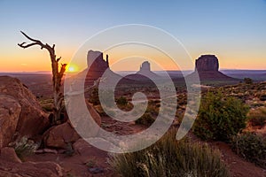 Sunrise at Monument Valley, Panorama of the Mitten Buttes - seen from the visitor center at the Navajo Tribal Park - Arizona and