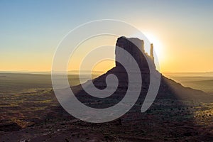 Sunrise at Monument Valley, Panorama of the Mitten Buttes - seen from the visitor center at the Navajo Tribal Park - Arizona and